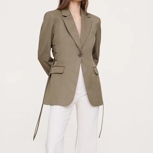 Blazer Entallado para Mujer, Estilo Urbano, Color Verde Oliva, con Cordones Laterales Ajustables, Cierre de un Solo Botón, Solapa con Muescas, Diseño Único, Estilo Oficina - Product Image 2