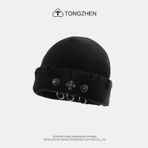 Y2K 스트릿웨어 힙합 빈티지 크로스 링 디스트레스드 니트 비니 여성 남성 요트 클럽 스컬 캡 겨울 모자 - Product Image 3