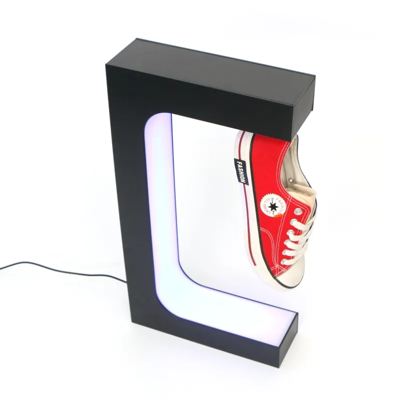 E forma base de levitação magnética flutuante sapatos display stand com material acrílico luzes led