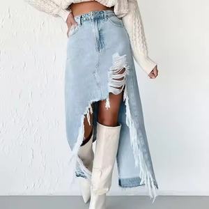 Jupe en jean pour femme, prix de gros, simple, droite, 100% coton, vintage, délavée à l'acide, longue, effet usé - Product Image 1