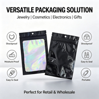 Sachet en Mylar holographique noir imprimé sur mesure avec fenêtre, mini pochette anti-odeur suspendue à fermeture éclair, emballage en plastique PET/PE