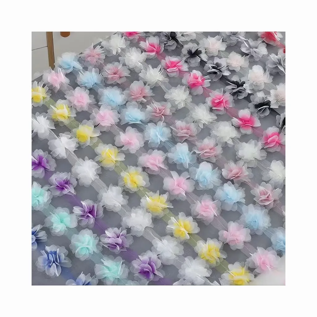 Baru Multi warna sifon bunga renda pita 3D bunga renda kain potong untuk gaun menari pakaian XF24 12 bunga per halaman