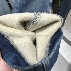 Tissu en satin extensible noir soufre TC, imitation denim, laminé avec du <span class=keywords><strong>polaire</strong></span> Sherpa, super doux, peluche courte, pour veste d'hiver thermique d'extérieur - Product Image 3