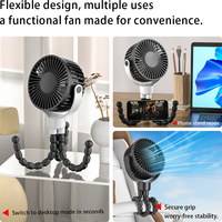 Vente directe d'usine, ventilateur portable pour poussette, mini ventilateur USB rechargeable, affichage numérique LED, 2000 mAh, prêt pour les camping-cars, 5 vitesses, ventilateur pieuvre