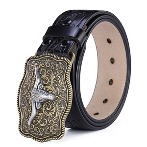 <span class=keywords><strong>Ceinture</strong></span> en cuir de vachette véritable pour homme, style Western, punk, vintage, rétro, avec boucle tête de taureau, inspirée du style Cowboy Européen-Américain - Product Image 3