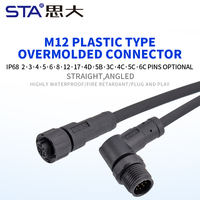 M12 kabel konektor Sensor cetak plastik, kabel konektor Sensor cetak plastik IP67 NEMA2000 tahan air lurus miring kanan 2 3 4 5 8 12 17Pin