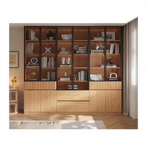 XHA Customizable Eco-Friendly Solid Wood Home Office Living Room <b>Bookcase</b> Glass Doors Modern Minimalist Design <b>Black</b> Walnut - Product Image 1