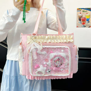Borsa a tracolla Lolita Ita Bag con finestra trasparente, finiture in pizzo e fiocco di perle, graziosa borsa a spalla Kawaii per esposizione articoli per studenti - Product Image 3