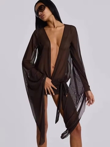 Coquette Frock Sexy Chic à manches longues col bas profond Bandage Slim Vestidos Mujer maille irrégulière - Product Image 5
