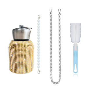 10oz diamond-encrusted stainless steel water <b>bottle</b> wide-body small-mouth <b>bottle</b> With a pearl hand-carry chain and a long chain - Product Image 2