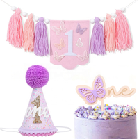 Bannière en perles de bois bohème mignonne avec un motif de papillon violet et de couronne pour les décorations de fête de 1er/2e anniversaire ou de Noël