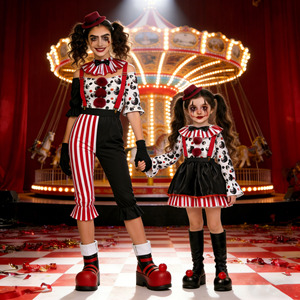 Costumes de clown de cirque d'Halloween pour parents et enfants, ensemble de tenues assorties, manches longues réglables, vêtements de fête pour femmes et enfants - Product Image 2