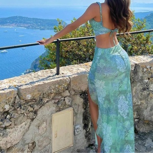 Printed Irregular Tops Sexy Camisole Vest Backless Tie <b>Split</b> Half-body <b>Skirt</b> Women's 2 Piece Set Fashion - Product Image 2