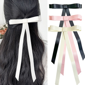 Doux filles tête accessoires couleur unie Satin nœud noeud poignée longue queue ruban <span class=keywords><strong>cheveux</strong></span> poignées <span class=keywords><strong>cheveux</strong></span> arc pince tissu pour les femmes - Product Image 2