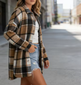 Women's Olive Brown Plaid Shirt Jacket - Casual Long Sleeve Button Down Lapel Coat, Loose Fit Outerwear for Fall & Winter - Product Image 5