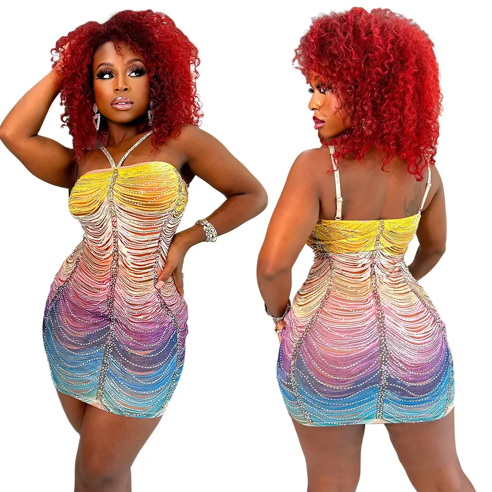 Cy900963 Sexy Spaghettibandjes Strass Versierde Bodycon Mini Casual Feestjurk