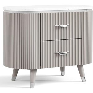 Contemporary Nightstand Stone Top Light Gray <b>2</b> <b>Drawers</b> Chrome Pulls Silver Accent Modern Bedroom Furniture - Product Image 2