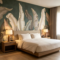 Papier peint mural de luxe commercial à motif feuille de bananier dorée, vert foncé, tropical, pour chambre d'hôtel, restaurant, revêtement mural