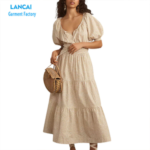 Robe décontractée pour femmes personnalisée Manches bouffantes col V taille haute en mousseline de soie Robe à volants à plusieurs niveaux pour les femmes - Product Image 1