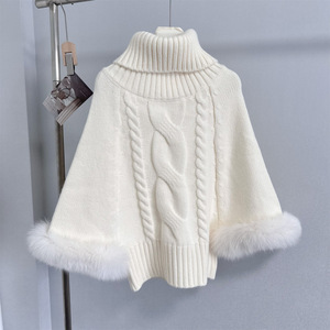 เสื้อคลุมไหมพรมถักลายบิดเกลียว คอสูงทรงหลวม แขนเสื้อแบบปะติดปะต่อขนฟูสำหรับผู้หญิง แฟชั่นเสื้อสเวตเตอร์ทรงปีกค้างคาว - Product Image 3