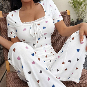 Tùy Chỉnh 2 Mảnh Trái Tim In Gân Bông Đồ Ngủ Với Ren Ngắn Tay Áo Tre Đồ Ngủ Cho Phụ Nữ Thiết Lập Loungewear Womens - Product Image 1