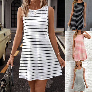 2026 Women Casual Home Midi A-Line Loose Round Neck Breathable Sleeveless Striped Dress - Product Image 2