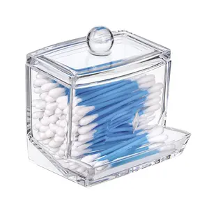 Vente en gros de conteneur organisateur de coton-tige boîte de support de boule de coton acrylique distributeur de tampon de salle de bain Q-tip avec couvercle