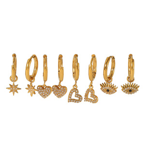 Boucles d'oreilles créoles en acier inoxydable plaqué or 18 carats avec zircon incrusté, motif cœur et étoile, bijoux de mode de luxe léger - Product Image 5