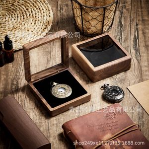 Wooden Pocket <b>Watch</b> Box Square Flip Top Transparent Glass Storage <b>Case</b> For <b>Watch</b> Coin Display - Product Image 1