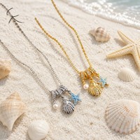 Collier Pendentif Fortune Jewel en Acier Inoxydable avec Chaîne Corde, Perle et Zircon Incrustés, Étoile de Mer Bleue Argentée, pour Couple et Amitié