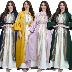 2024 Dubai Eid Abaya 2 pezzi Set da donna abiti con maniche a lanterna Ramadan paillettes Jalabiya Muslim Abaya Maxi abiti caftano Party