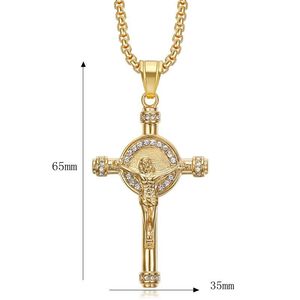 Collier avec pendentif croix en acier inoxydable plaqué or, serti de diamants, bijoux unisexes, cadeau - Product Image 5