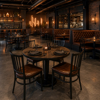 Groupe Ron : Banquette demi-ronde capitonnée, table ronde en bois massif, tabourets de bar et chaise en cuir rembourrés, mobilier de restaurant industriel