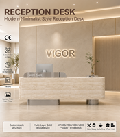 Bureau d'accueil moderne en pierre de travertin texturée avec décoration en acier inoxydable pour hall d'entreprise OEM ODM personnalisé