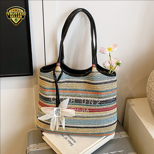Ladies Fashion Daily Use Large Poches Woven Natural PU Trim Summer Shoulder Beach Straw Tote Bag Strandtasche - Product Image 1