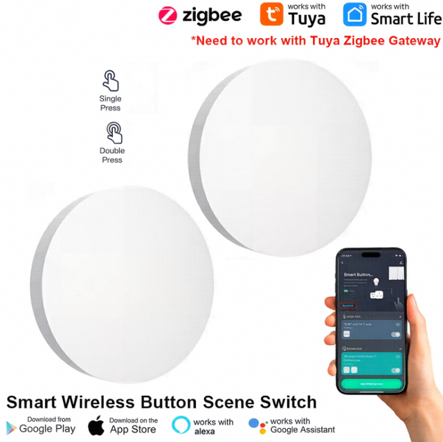 Tuya White Round Zigbee Smart Push Button Intelligent Linkage Wireless Scene Switch Battery Powered Automation Controller