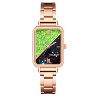Jam Tangan Wanita Little Green Ramah Lingkungan, Modis, Terlaris di Pasar Ekspor, Bentuk Persegi Panjang, Tali Akrilik Patchwork, Quartz Alloy