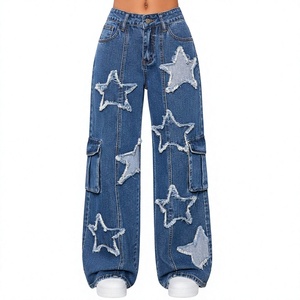 Pantalon cargo en jean taille haute déchiré avec appliqué étoile, bords effilochés, coupe ample, style streetwear, longueur intégrale, fermeture boutonnée - Product Image 1