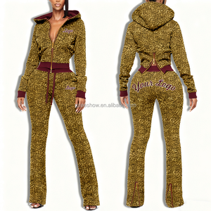 Completo Sportivo da Donna Autunnale Casual con Stampa Leopardata Ricamata, Felpa con Cappuccio e Zip, Maniche Lunghe, Set Due Pezzi Aderente - Product Image 5