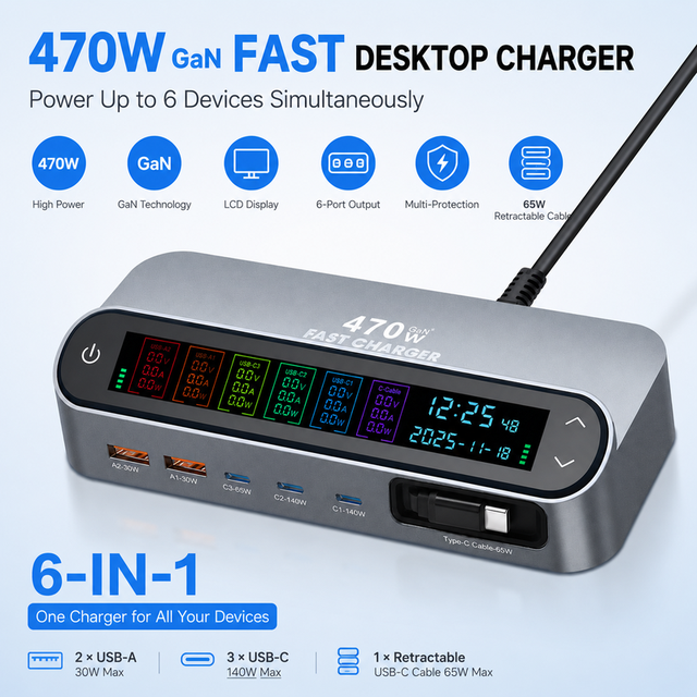 LCD Screen Block 5-Multiport USB-C Charging Station Retractable Cable 470W Gan Charger for Laptop 2 X USB Ports PD 3.0 QC3.0