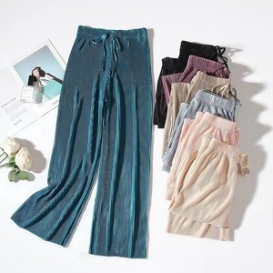 <span class=keywords><strong>Pantalon</strong></span> Femme Large <span class=keywords><strong>Pas</strong></span> <span class=keywords><strong>Cher</strong></span> à Taille Haute Élastique à Cordon, Couleur Unie, Coupe Ample, Long, Plissé, Vente en Gros - Product Image 1