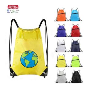 Custom Plain Polyester Waterproof Foldable Promotional <b>Drawstring</b> Closure Logo Shopping Gym Sports <b>Backpack</b> Bag Large Capacity - Product Image 1