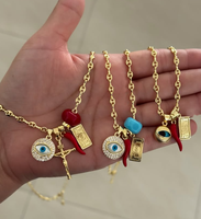Kalung Mata Biru Religius Katolik Berlapis Emas, Kalung Liontin Jose, Kalung Rantai Bola, Kalung Cabai Enamel