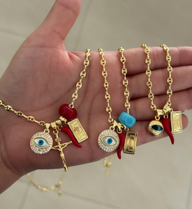 Collares Religiosos Católicos con Ojo Azul, Collares con Dije de San José Bañados en Oro, Collares con Cadena de Bolas y Esmalte de Chile - Product Image 3