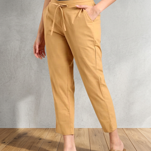 Pantalon en coton pur kaki pour femme, coupe classique, taille élastique, style décontracté, respirant, écologique, couleur beige/doré, été - Product Image 2