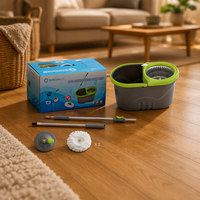 Ensemble serpillière auto-essoreuse Magic Spin avec manche en acier inoxydable, 2 serpillières en microfibre, rotation à 360°, capacité de 15 L pour le nettoyage des sols à la maison