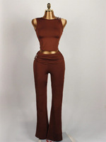 Viviblook Z304ST03 Conjunto de Dos Piezas para Mujer, Verano, Color Sólido, Bordado, Top Corto sin Mangas, Pantalones Acampanados, Casual, Talla Grande
