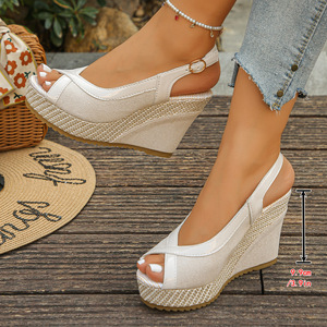 Sandales compensées Xuanhui pour femmes, à bout ouvert, plateforme, chaussures d'été décontractées à bride arrière, en toile patchwork, talons tendance, sandales de plage - Product Image 5