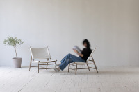 Fauteuil d'appoint Wabi-sabi authentique, style contemporain du milieu du siècle, en toile naturelle Oka, en bois, pour les vacances, détente et loisirs