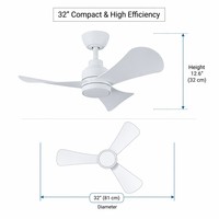 Ventilateur de plafond blanc moderne de 32 pouces avec lumière LED et télécommande, ventilateur à moteur DC ultra silencieux pour chambre à coucher